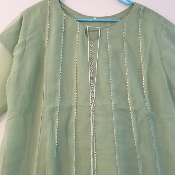 Pistachio Green Chiffon Dress with Panels and Gota Work - Picture 6 of 6